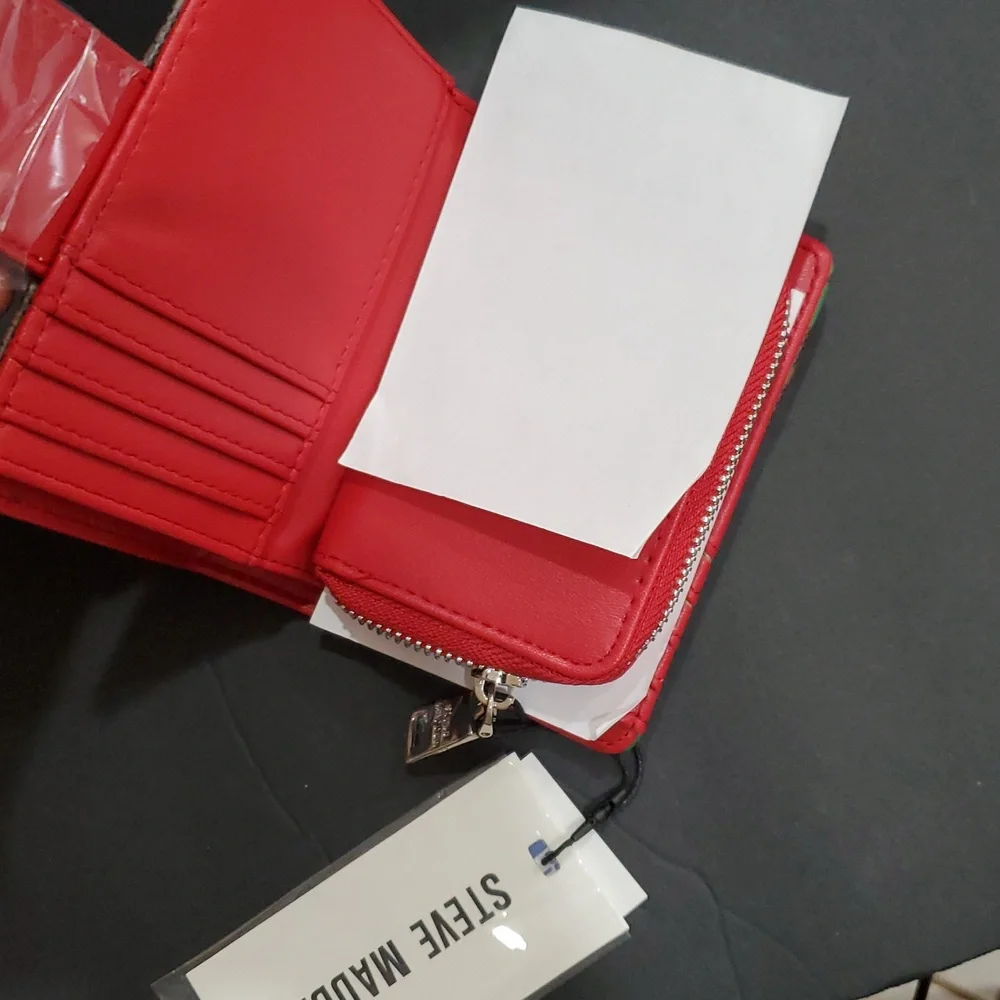 Steve Madden brown plaid checkered look and cherry print bglory red snap wallet - Picture 4 of 12